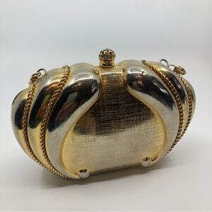 Vintage hard shell metal case clasp closure gold tone 80s purse with chain
